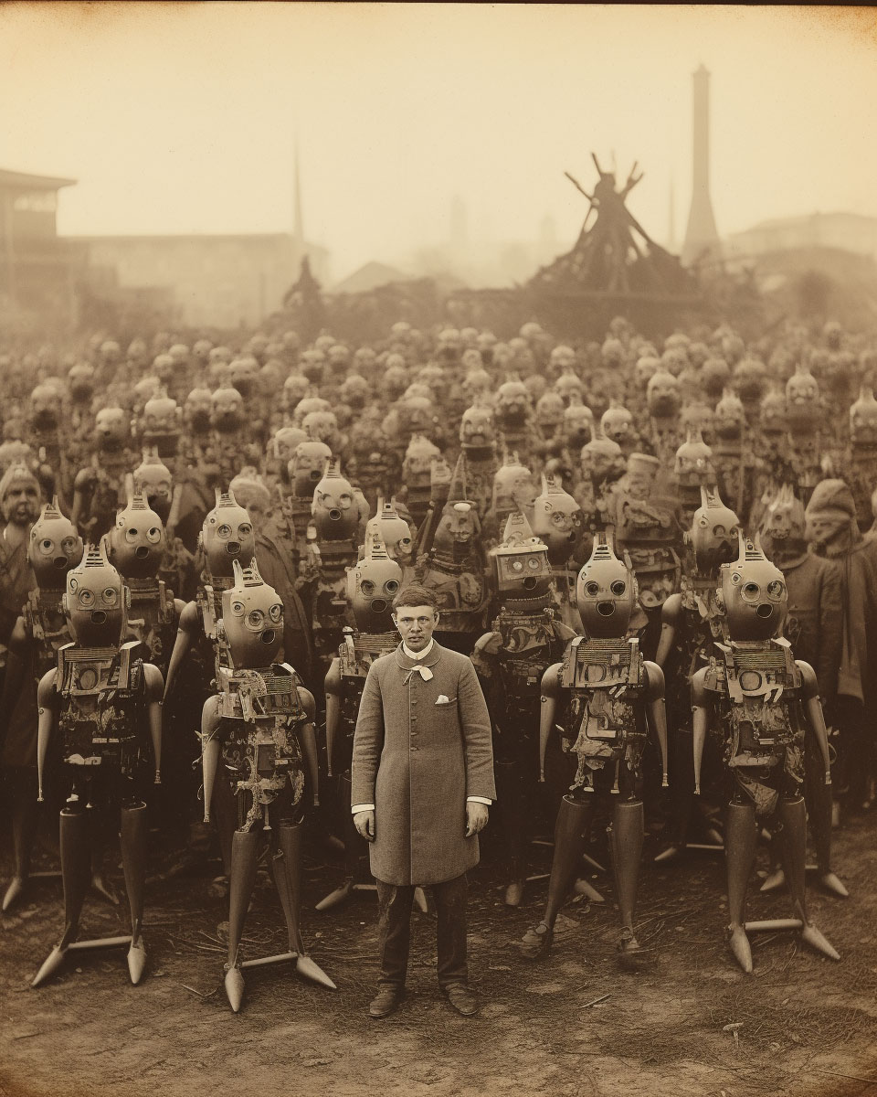 A battalion of hundreds of robots on the war field near Munich in 1890 | Batallón de cientos de robots en el campo de guerra cerca de Munich en 1890