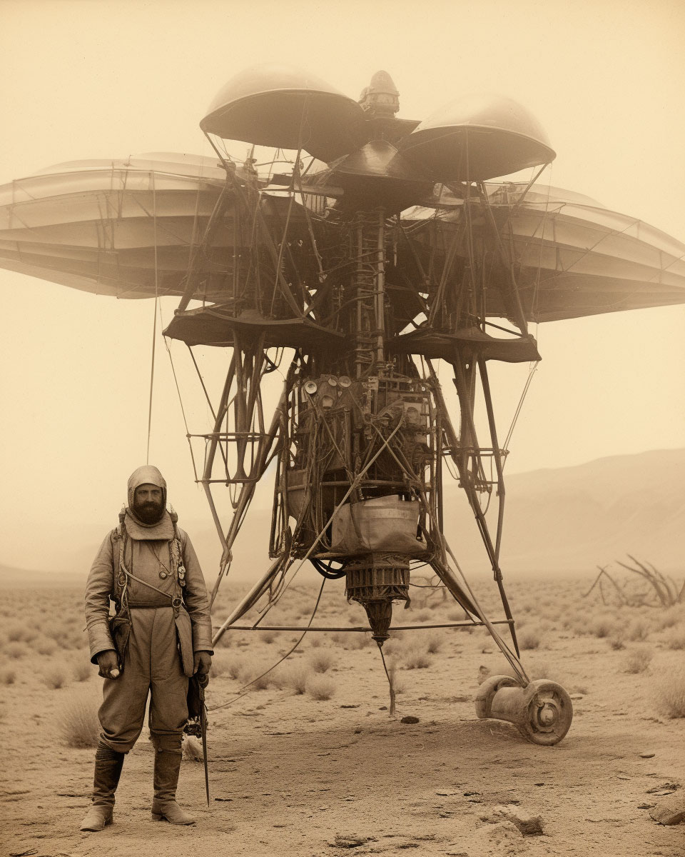 A soldier and an antigravity spacecraft in the Sahara desert in 1890 | Un soldado y una nave espacial antigravitatoria en el desierto del Sahara en 1890