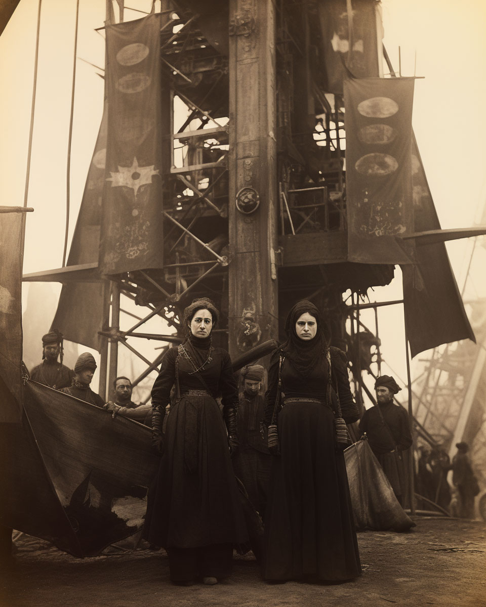 Militia camp at the cosmic signal receiving tower, Baghdad, 1892 | Campamento de milicianas en la torre receptora de señales cósmicas, Bagdad, 1892