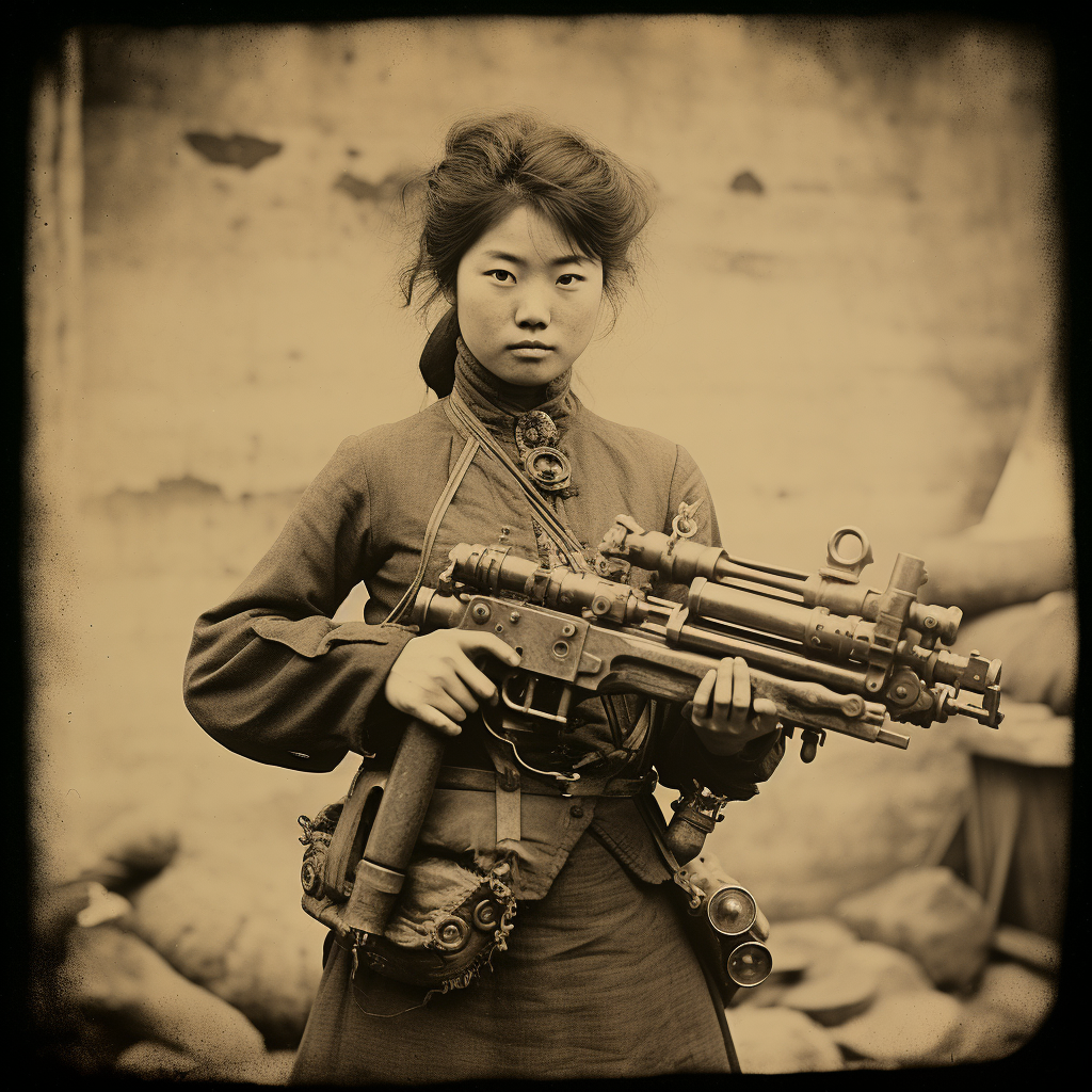 Revolutionary militia-woman with experimental ultrasonic weapons, Korea, 1887 | Miliciana revolucionaria con armas ultrasónicas experimentales, Corea, 1887