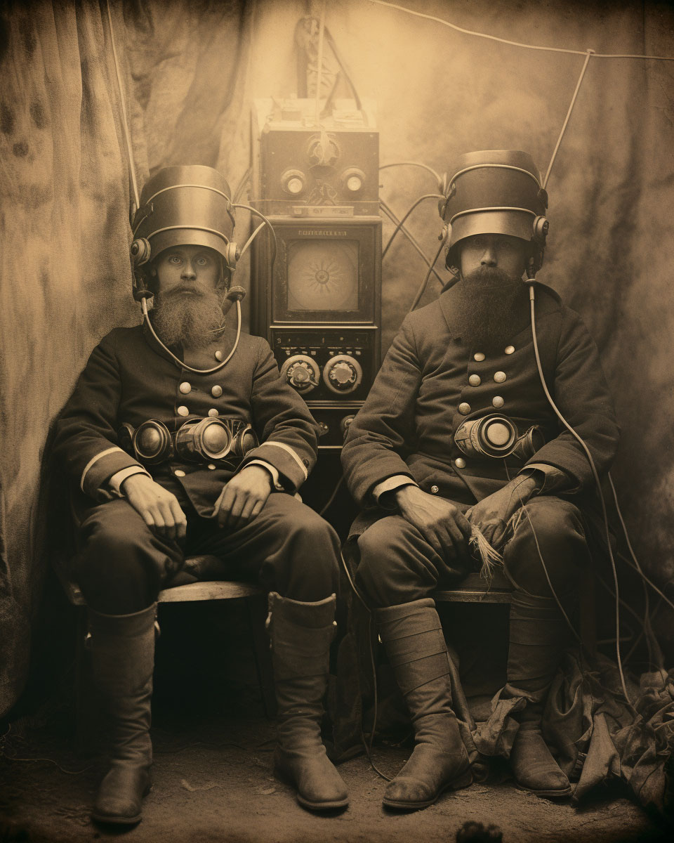 Soldiers trained by a war hypnosis machine in a trench during the Serbian-Bulgarian war in 1885 | Soldados entrenados por una máquina de hipnosis de guerra, en una trinchera durante la guerra Serbo-Búlgara en 1885