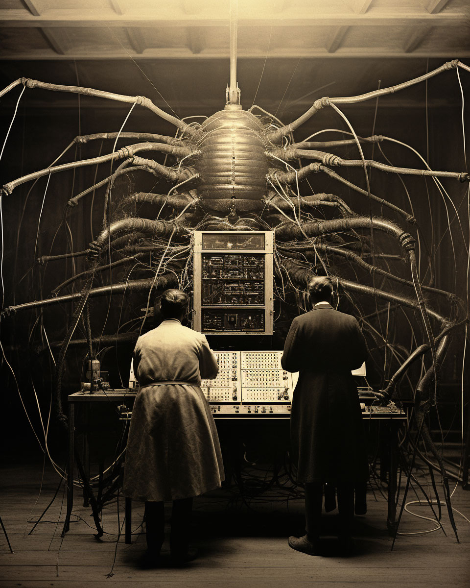 Giant artificial insect connected to an analog computer, Austro-Hungarian Empire, 1898 | Insecto gigante artificial conectado a un ordenador analógico, Imperio austrohúngaro, 1898